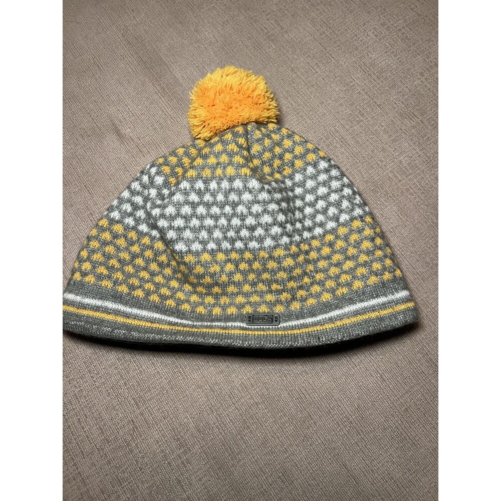 Bula Hat Beanie Fitted Mens One Size Gray Yellow Winter Pom Pom PrimaLoft
